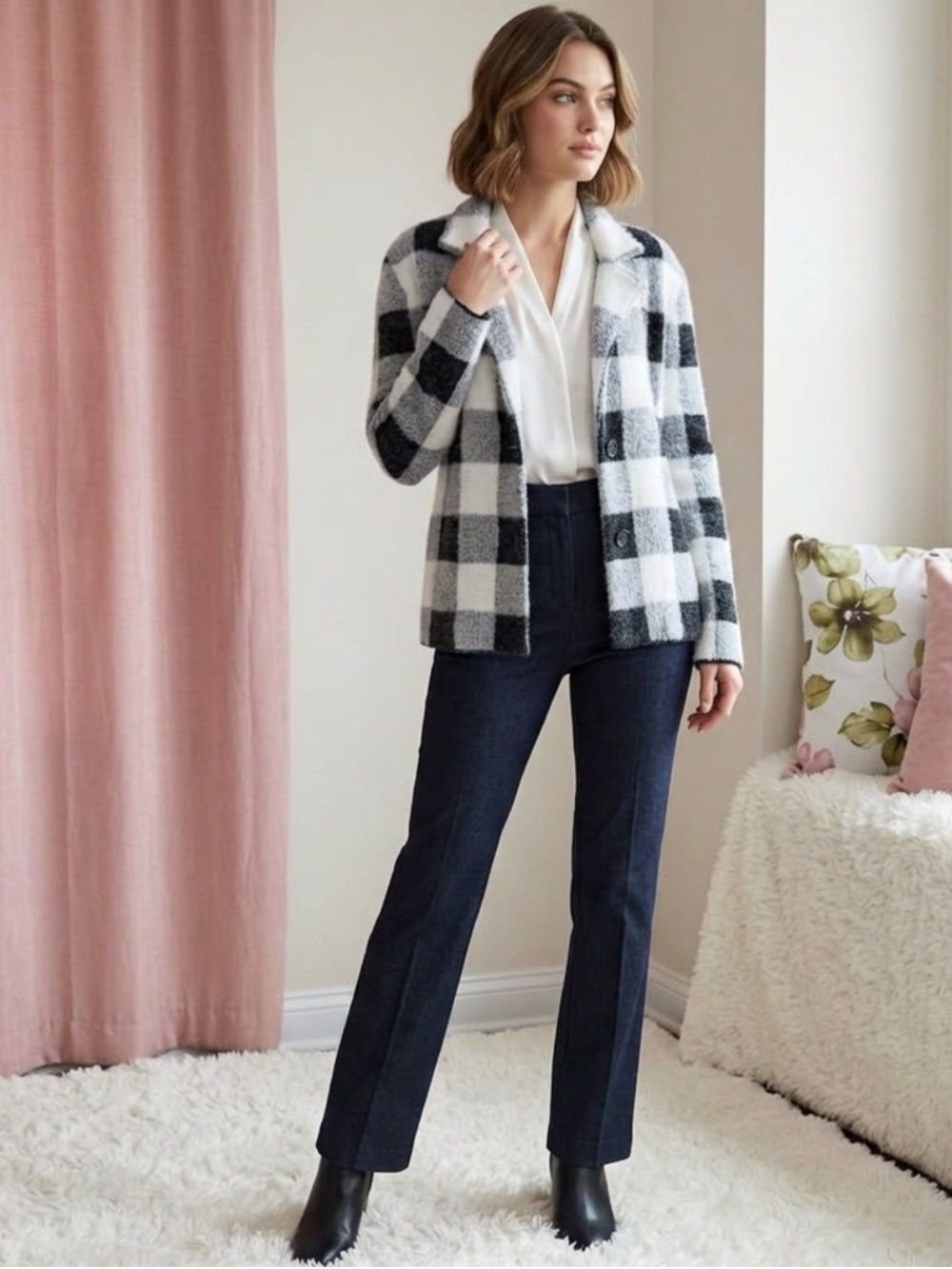 New! Calligraphie Plaid Black and White Button-Up Jacket women size M